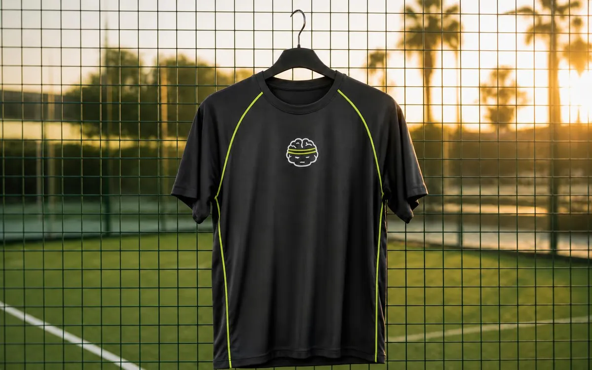 Camiseta técnica de pádel PadelSapiens colgada en una pista al atardecer