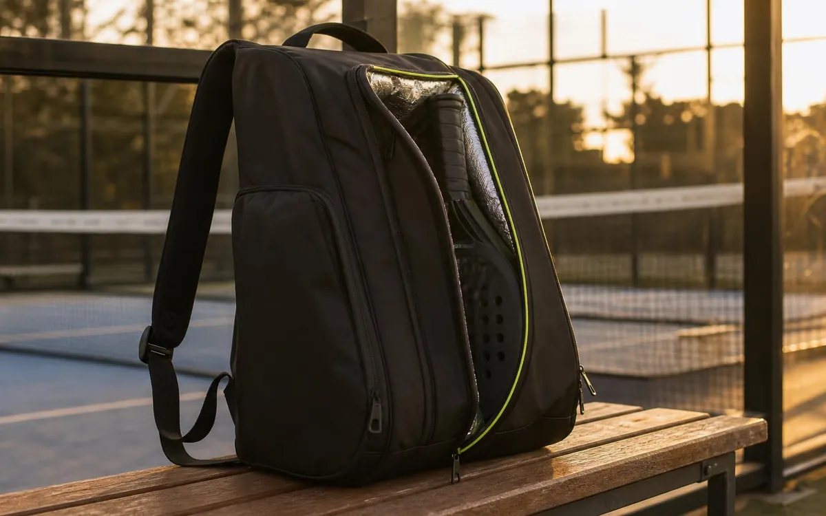 Paletero de pádel tipo mochila con la pala asomando en su compartimento