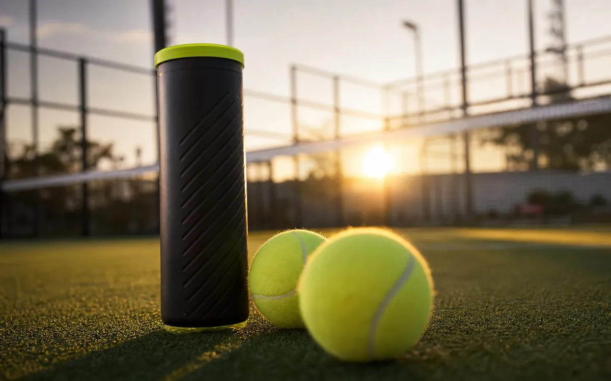 Bote de pelotas de pádel sobre la pista al atardecer