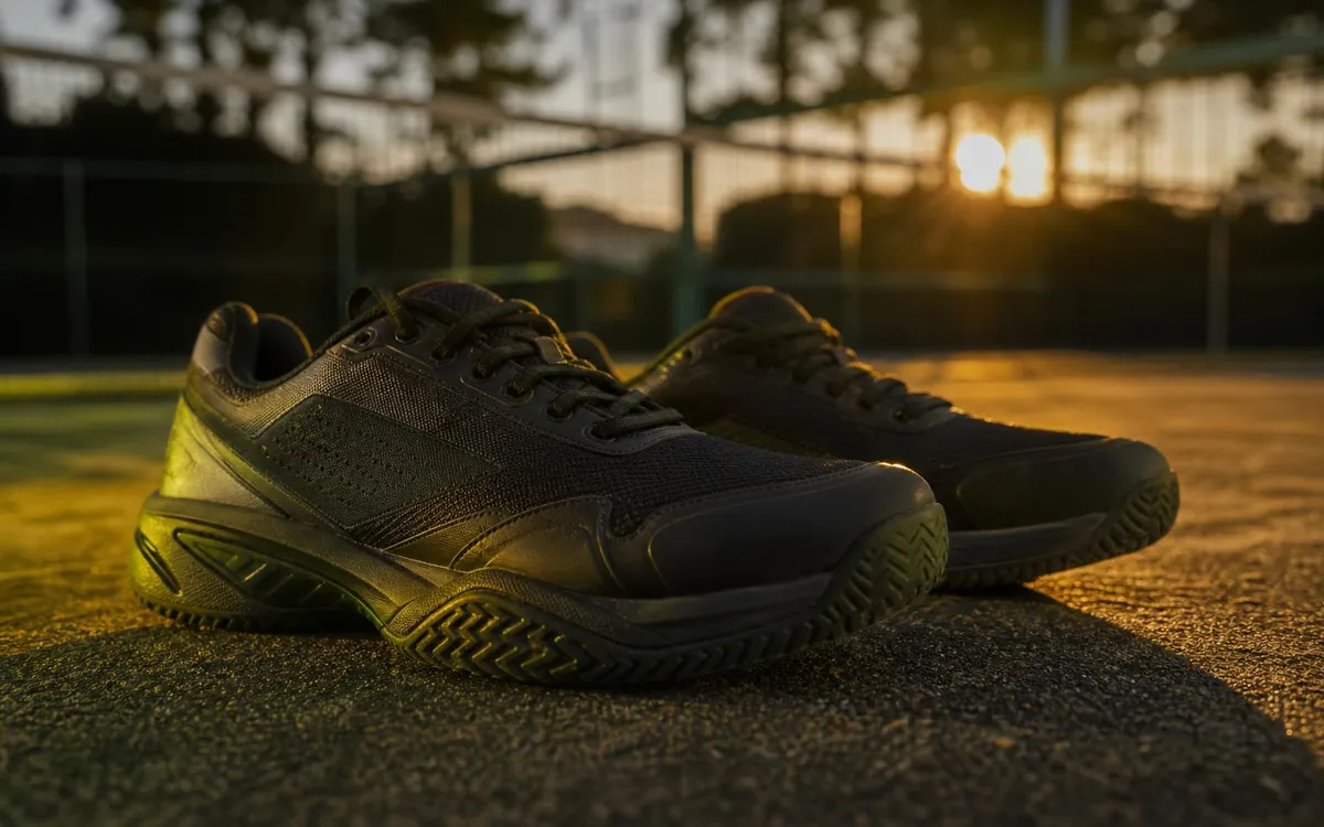 Zapatillas de pádel sobre la pista al atardecer
